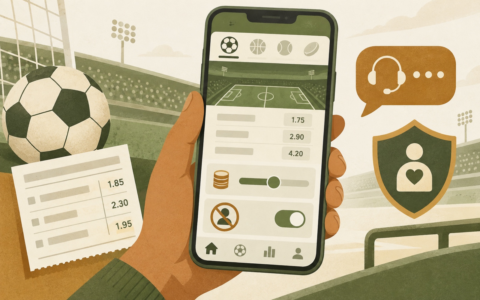 A phone showing a betting app with safer gambling controls and a support screen