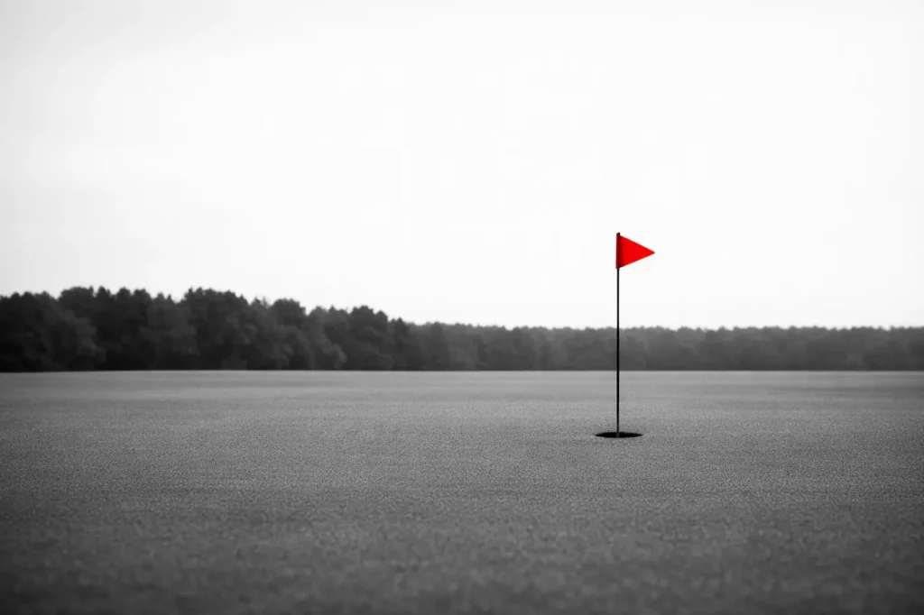An empty golf putting green on an overcast morning with a single red flag on the pin, each way golf betting where the places pay